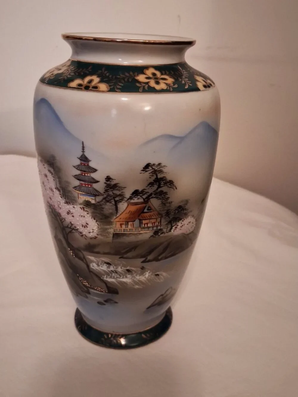 Vintage Hand-Painted Japanese Vase Pagoda & Cherry Blossom & Mountains Gold Trim